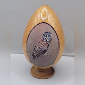 Vintage Wooden Great Gray Owl Egg Figurine Wildlife Nature Decor 3.5"